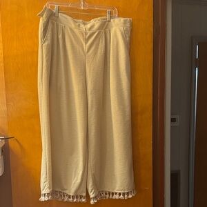 Cato Beige Textured Wide Leg Capri Trousers with fringe trim